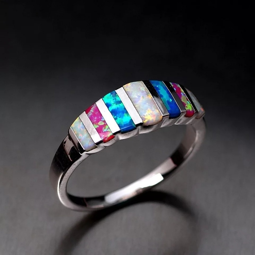 Silver Color Rainbow Natural Stone Ring